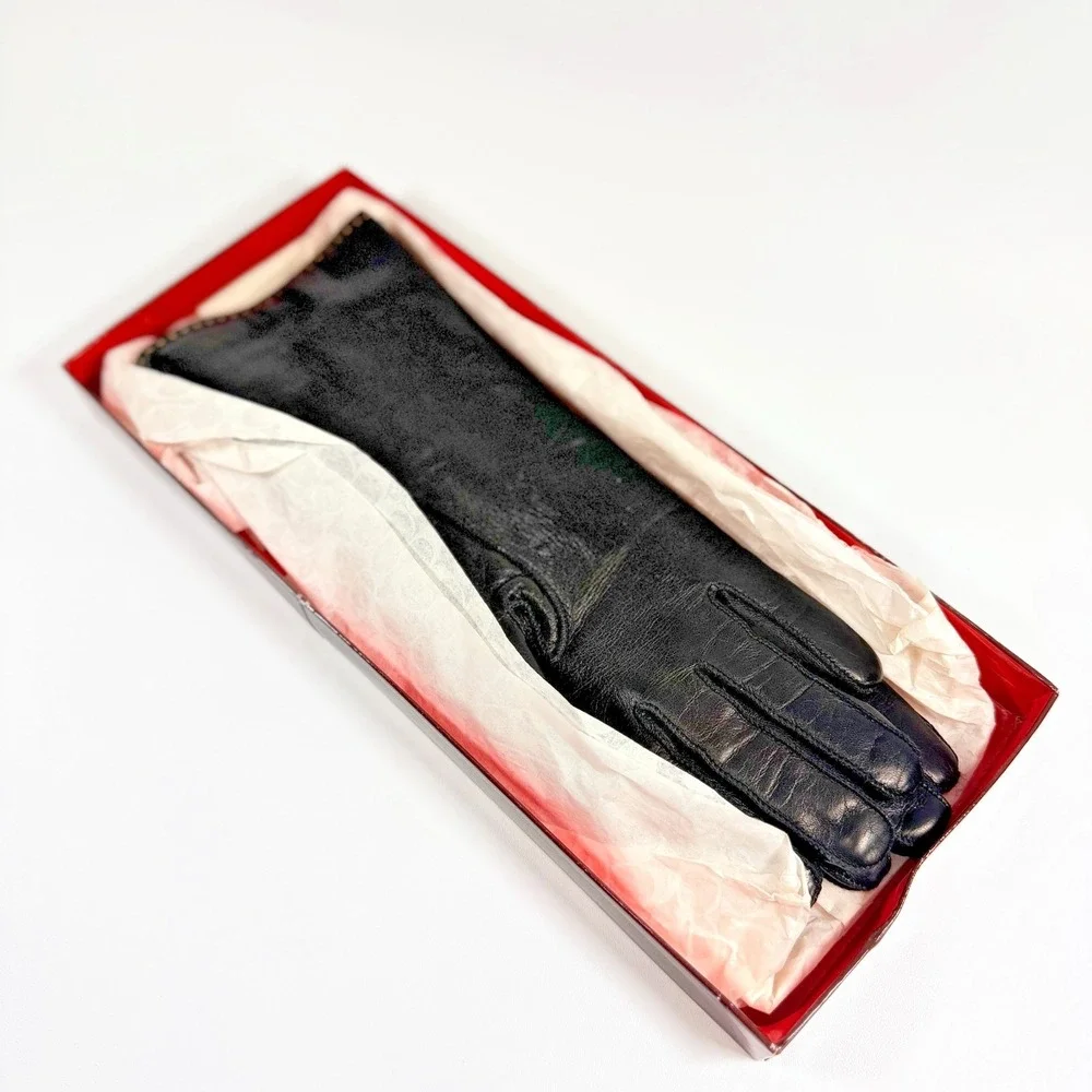 COACH Black Leather Gloves Womens Knit Lined Button Accent With Original Box